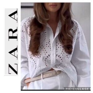White Eyelet Lace Button Down Shirt Oversized XL Zara